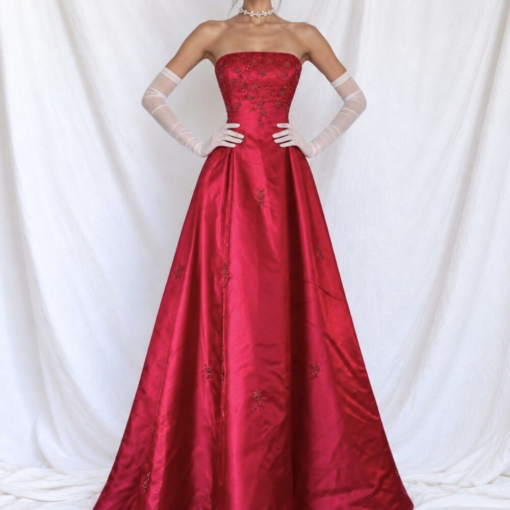 Vintage Y2K Pink Strapless Floral Beaded Tulle Flared Maxi Prom Dress Size XS/S